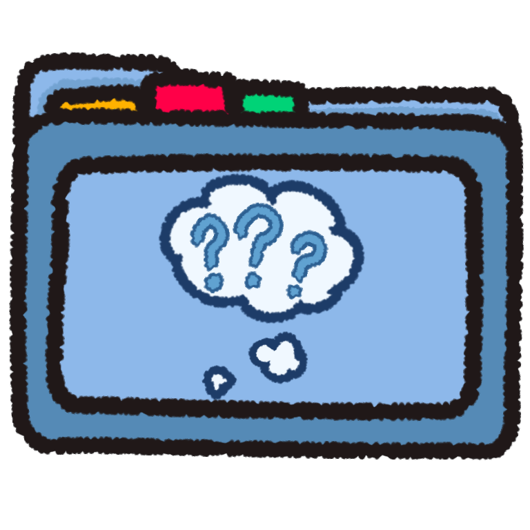 A light blue folder with three colored tabs poking out the top. On the front of the folder is a cartoon thought bubble with three blue question marks within it.